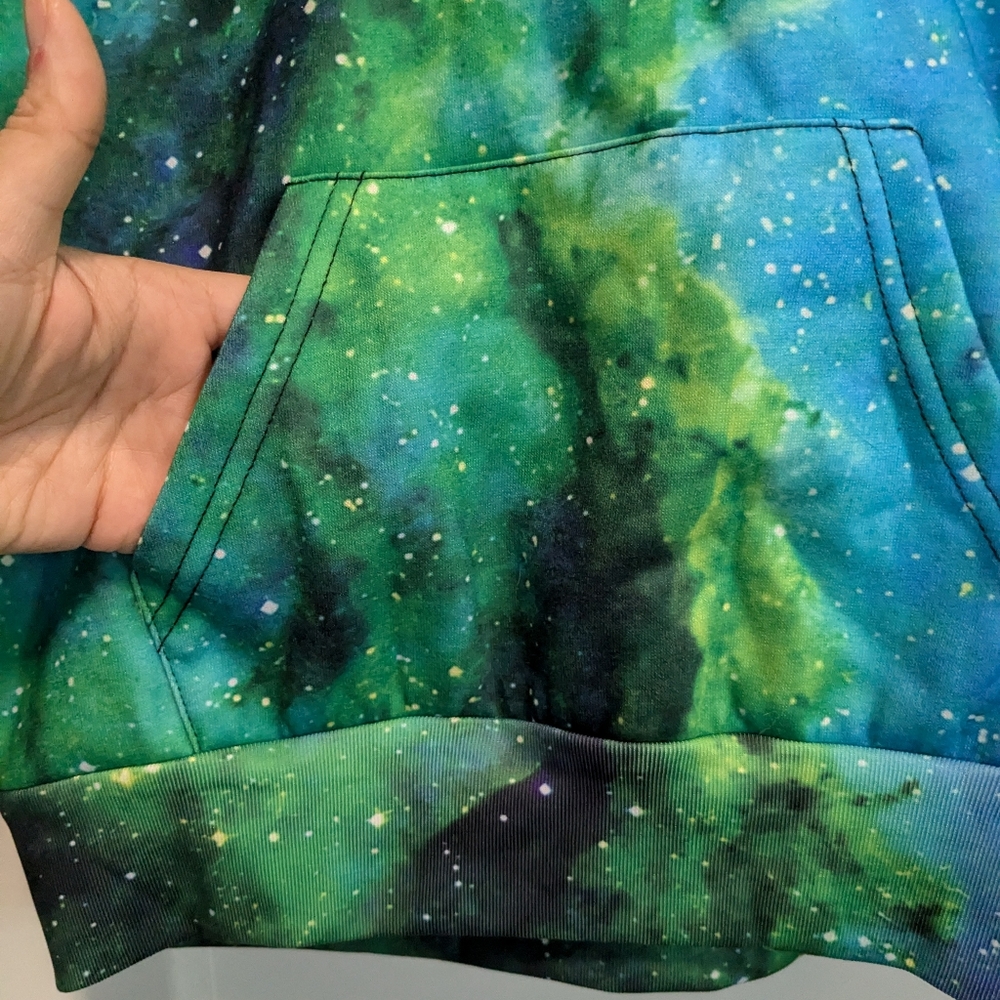 Space Sweatshirt with Front Pocket Blue Green Black Sz Kid XXL - Picture 2 of 8